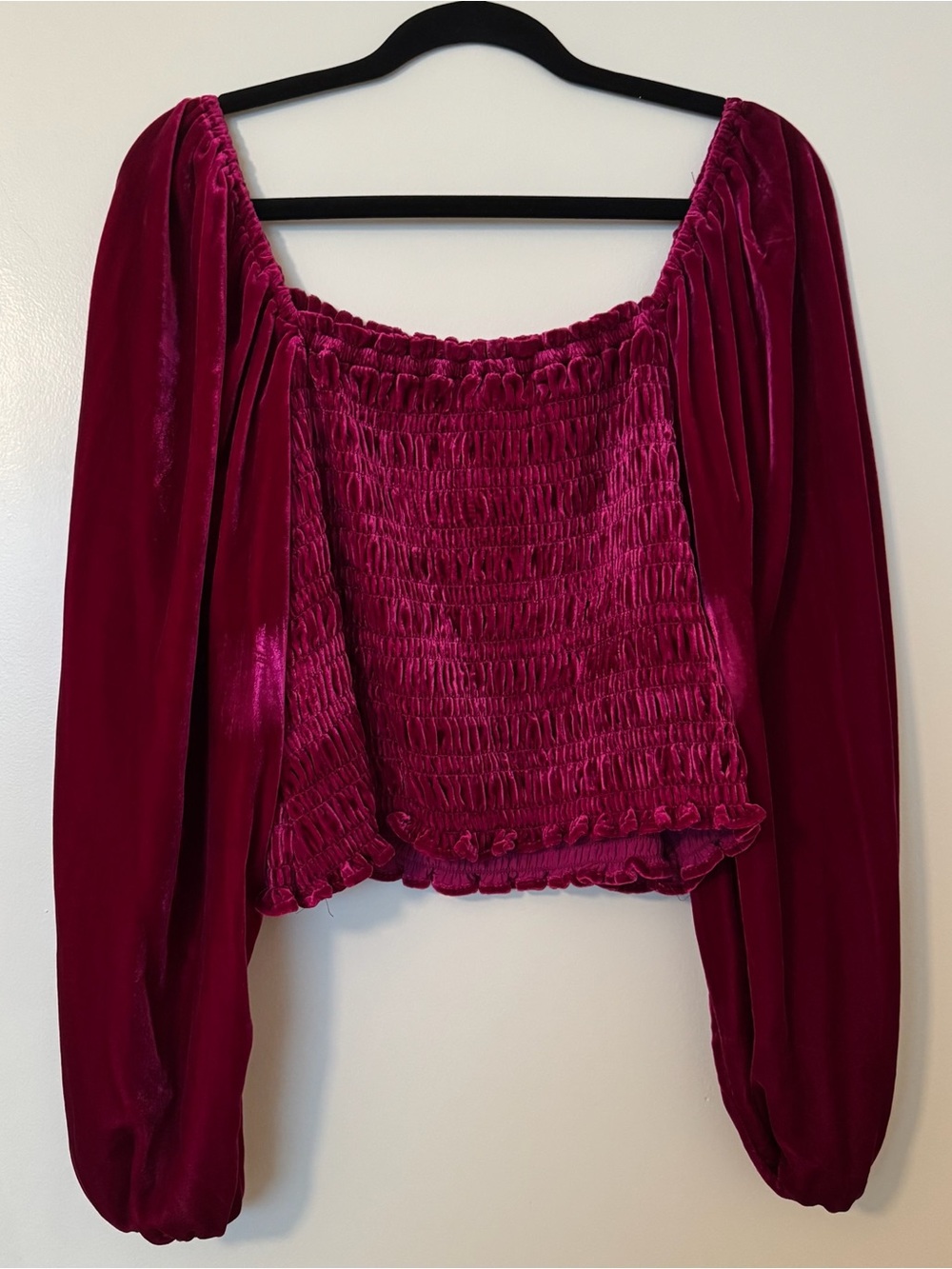 Anthropologie Velvet Smocked Crop Top - Berry